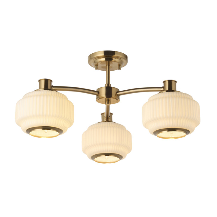 Evora Brushed Aged Brass 3 Light Semi Flush Ceiling Light Complete With Opal Gloss Ribbed Shades