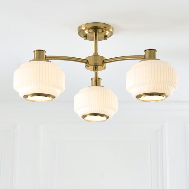 Evora Brushed Aged Brass 3 Light Semi Flush Ceiling Light Complete With Opal Gloss Ribbed Shades