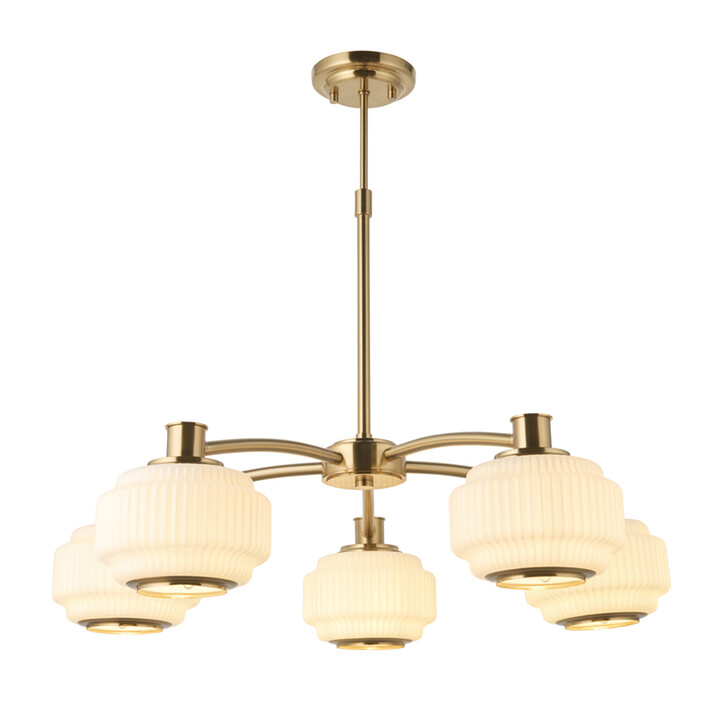 Evora Brushed Aged Brass 5 Light Pendant Complete With Opal Gloss Ribbed Shades