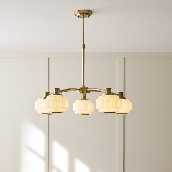 Evora Brushed Aged Brass 5 Light Pendant Complete With Opal Gloss Ribbed Shades