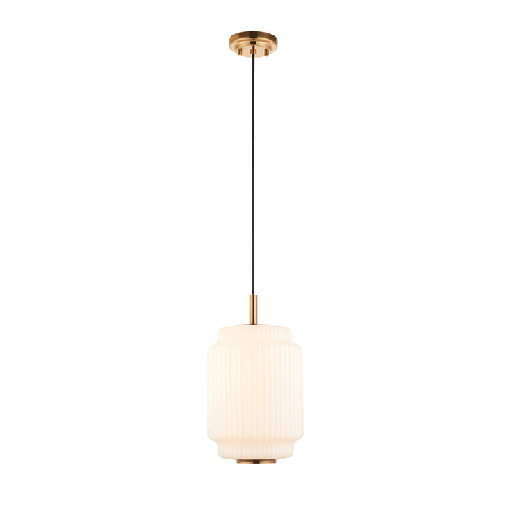 Evora Brushed Aged Brass Drum Single Pendant Light Complete With Opal Gloss Ribbed Shade