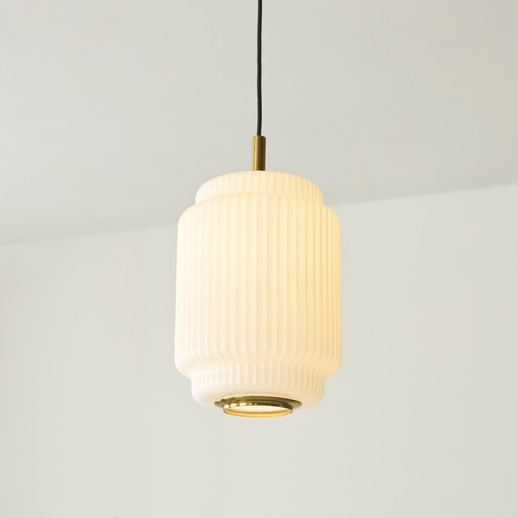 Evora Brushed Aged Brass Drum Single Pendant Light Complete With Opal Gloss Ribbed Shade