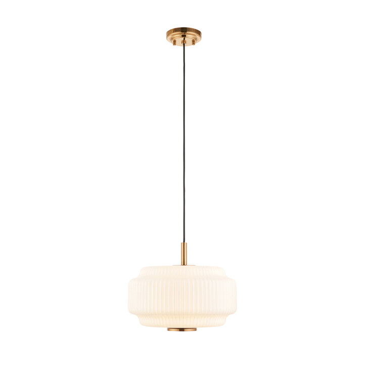 Evora Brushed Aged Brass Shallow Single Pendant Light Complete With Opal Gloss Ribbed Shade