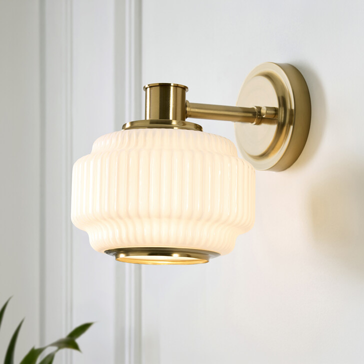 Evora Brushed Aged Brass Wall Light Complete With Opal Gloss Ribbed Shade