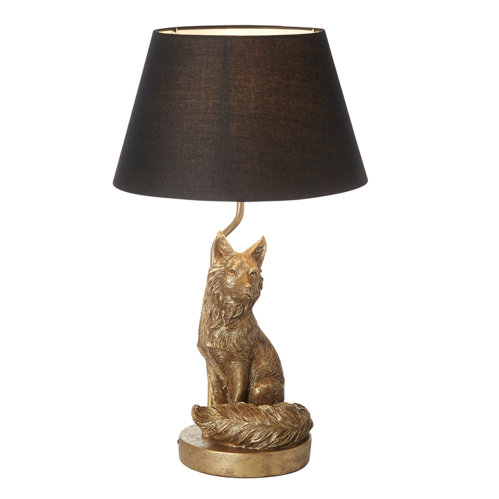 Fox Figurine Table Lamp In Vintage Gold Complete With Black Fabric Shade