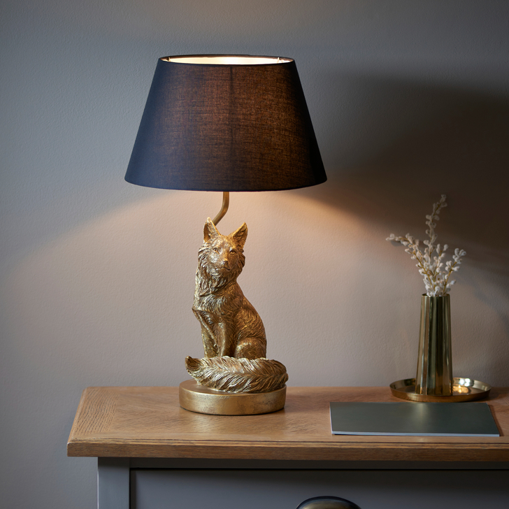 Fox Figurine Table Lamp In Vintage Gold Complete With Black Fabric Shade