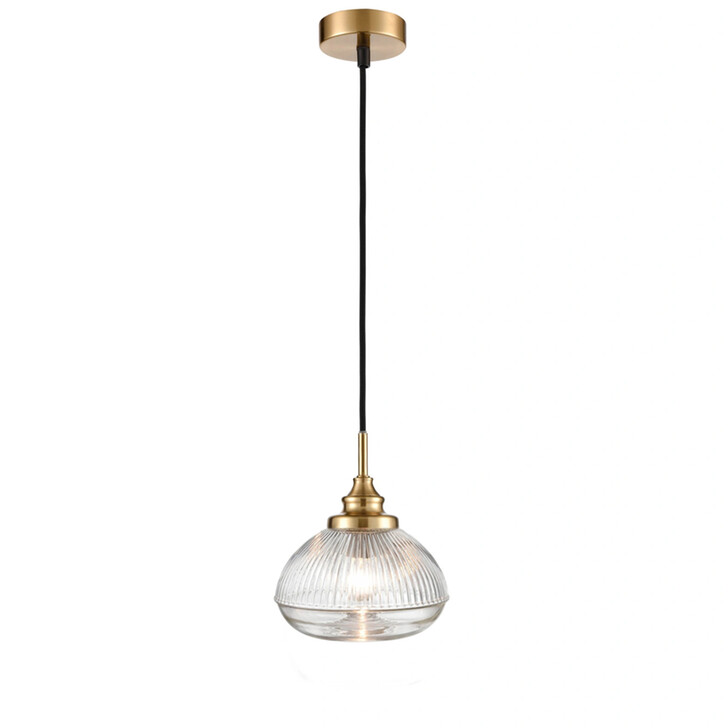 Franklite Acoste Aged Brass Pendant Ceiling Light Complete With Clear Ribbed Glass