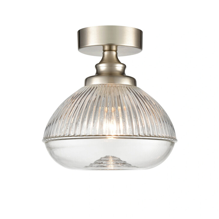 Franklite Acoste Satin Nickel Flush Ceiling Light Complete With Clear Ribbed Glass