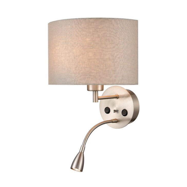 Franklite Austen Satin Nickel Wall Light With Flex Arm Reading Light, USB Port And Curved Taupe Shade