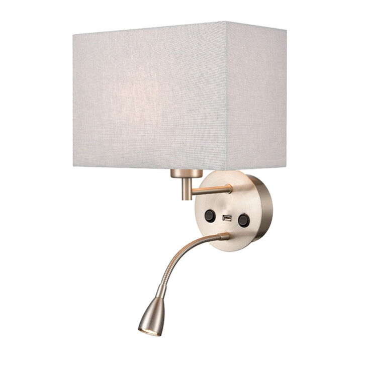 Franklite Austen Satin Nickel Wall Light With Flex Arm Reading Light, USB Port And Rectangular Grey Shade