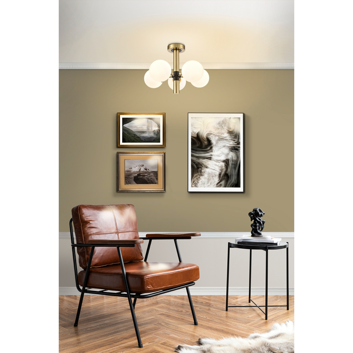 Franklite Axle 5 Light Semi-Flush Ceiling Light In Black & Brass With Opal Glass Globes