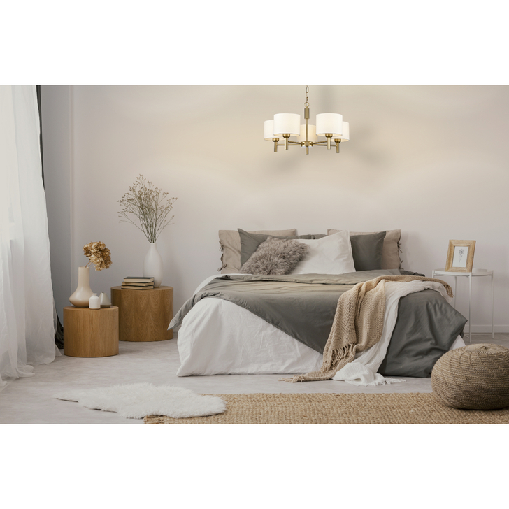 Franklite Barolo 3 Light Multi-Arm Pendant In Aged Brass With Cream Fabric Shades