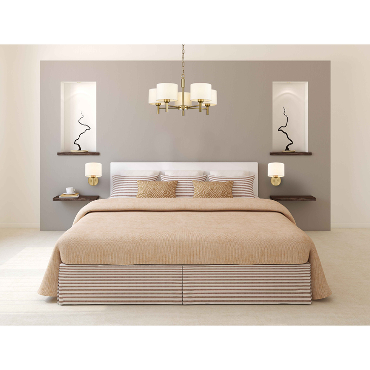 Franklite Barolo 5 Light Multi-Arm Pendant In Aged Brass With Cream Fabric Shades