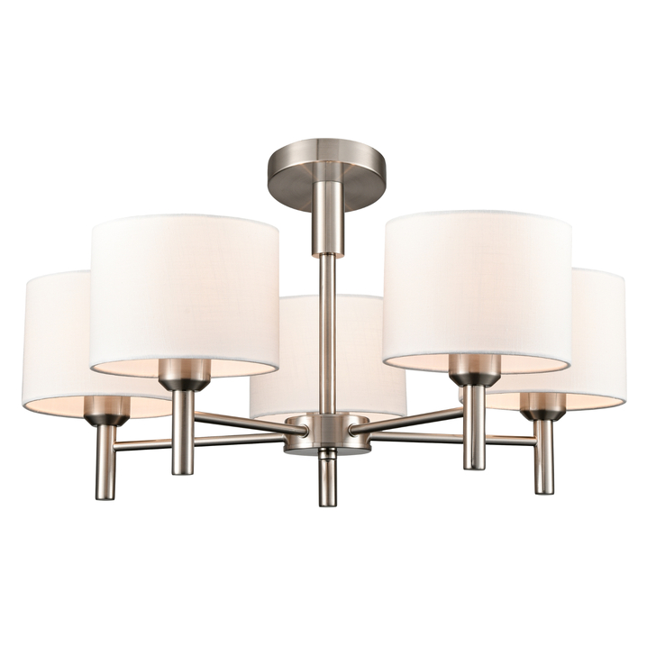Franklite Barolo Contemporary Satin Nickel 5 Light Pendant Light Complete With White Textured Fabric Shades