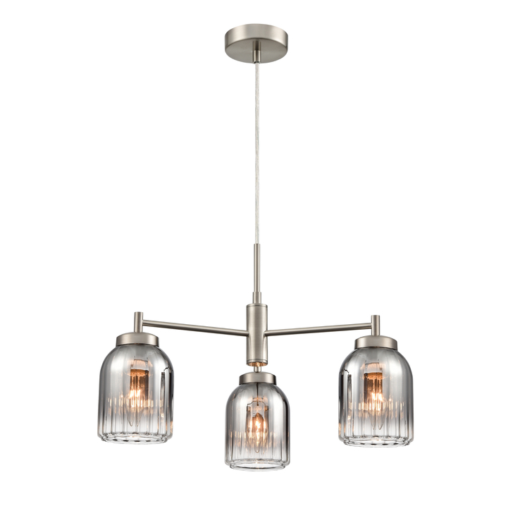 Franklite Caligo Satin Nickel 3 Light Ceiling Light Complete With Smoked Ombre Effect Ribbed Glass