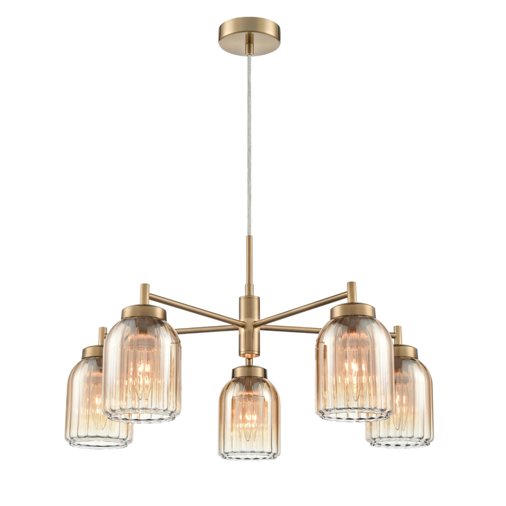 Franklite Caligo Satin Nickel 5 Light Ceiling Light Complete With Amber Ombre Effect Ribbed Glass