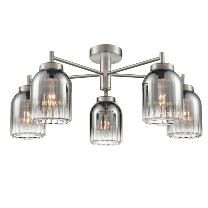 Franklite Caligo Satin Nickel 5 Light Ceiling Light Complete With Smoked Ombre Effect Ribbed Glass