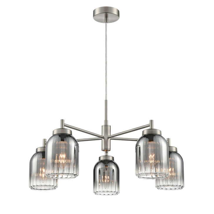 Franklite Caligo Satin Nickel 5 Light Ceiling Light Complete With Smoked Ombre Effect Ribbed Glass