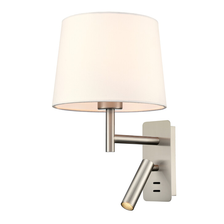 Franklite Christie Satin Nickel Wall Light Complete With Off-White Cotton Shade And Adjustable Led Reader - Switched - 3000K