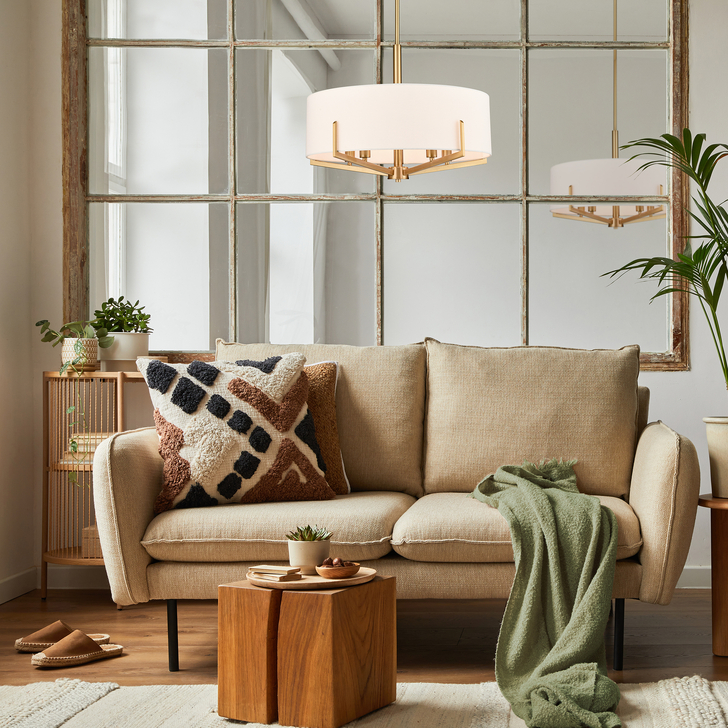 Franklite Clifton 5 Light Pendant In Aged Brass With Cream Fabric Shade