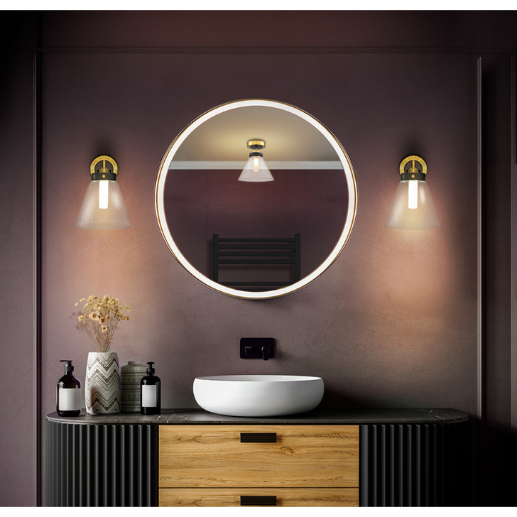 Franklite Conica Single Bathroom Wall Light In Aged Brass & Matt Black With Clear Pyramid Glass & Frosted Inner Glass - IP44