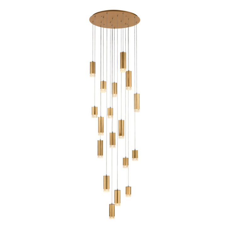 Franklite Cordelia Large Satin Brushed Gold 18 Light Cluster Stairway Pendant Light Complete With Clear Textured Glasses