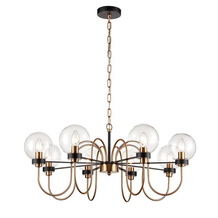 Franklite Equinox Matt Black And Antique Brass Decorative 8 Light Chandelier Complete With Clear Glass Globe