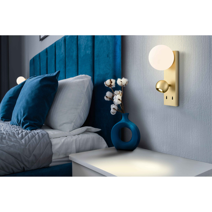 Franklite Iris 2 Light Led Wall Spotlight In Satin Brass With Adjustable Spot Head & Opal Glass Globe - 3000K