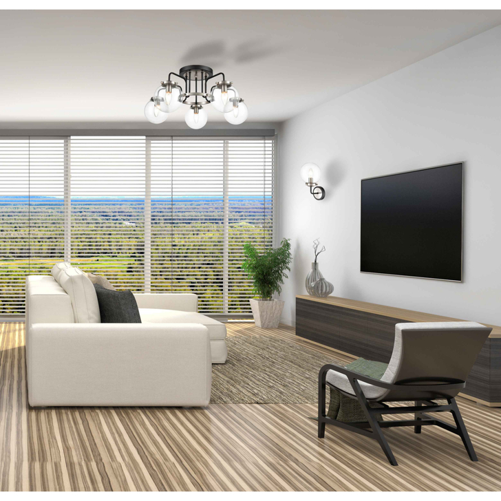 Franklite Lithos Two Tone Matt Black/Satin Nickel 5 Light Flush Ceiling Light Complete With Clear Glass Shades