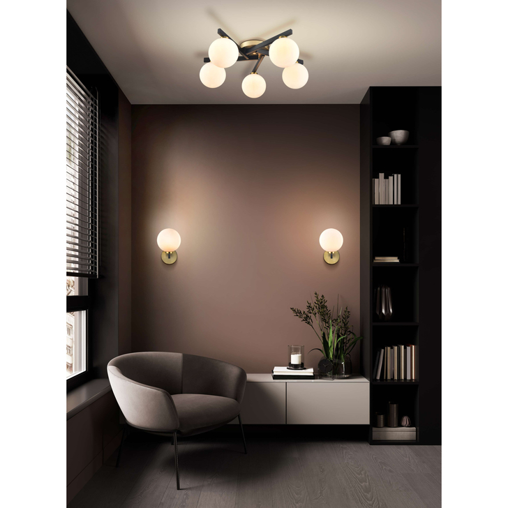 Franklite Lunar 5 Light Flush Ceiling Light In Black & Brass With Opal Glass Globes