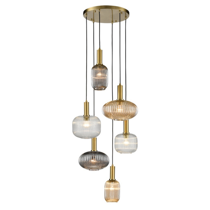 Franklite Mezcla 6 Light Cluster Pendant Aged Brass With Mixed Ribbed Glass Shades