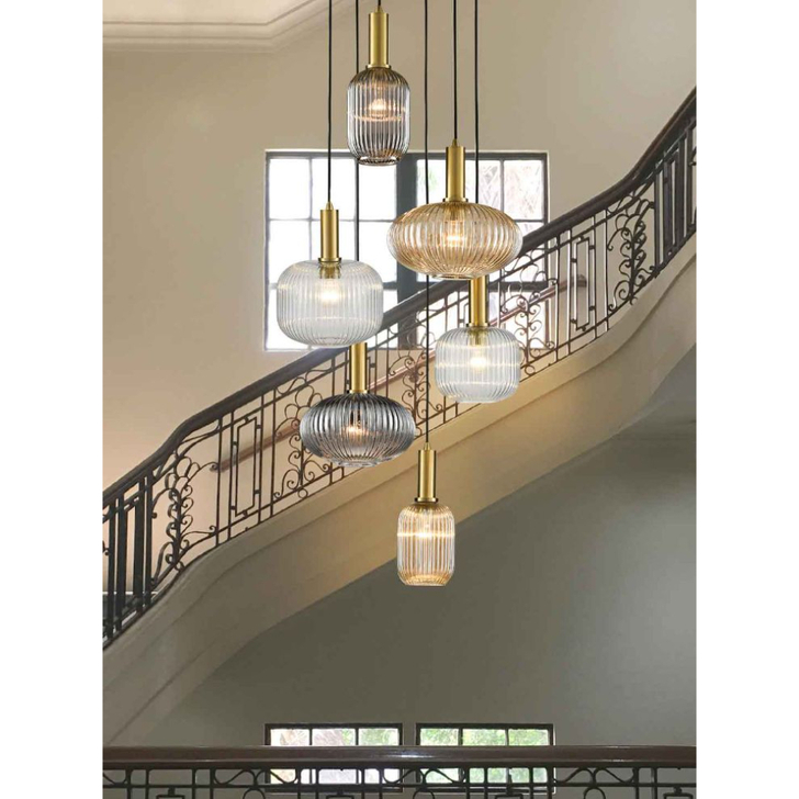 Franklite Mezcla 6 Light Cluster Pendant Aged Brass With Mixed Ribbed Glass Shades