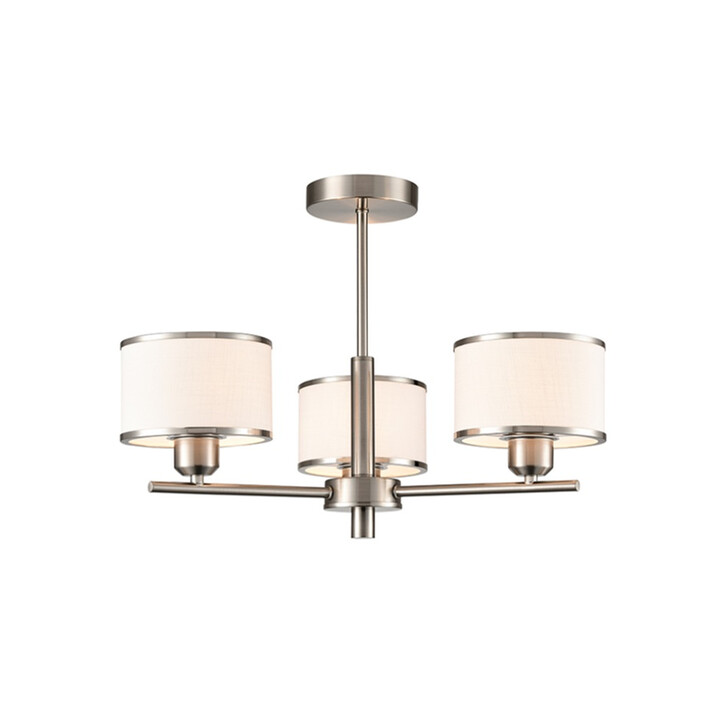 Franklite Polaris Satin Nickel Semi-Flush 3 Light Ceiling Light Complete With Off-White Textured Fabric Shades And Satin Nickel Trims