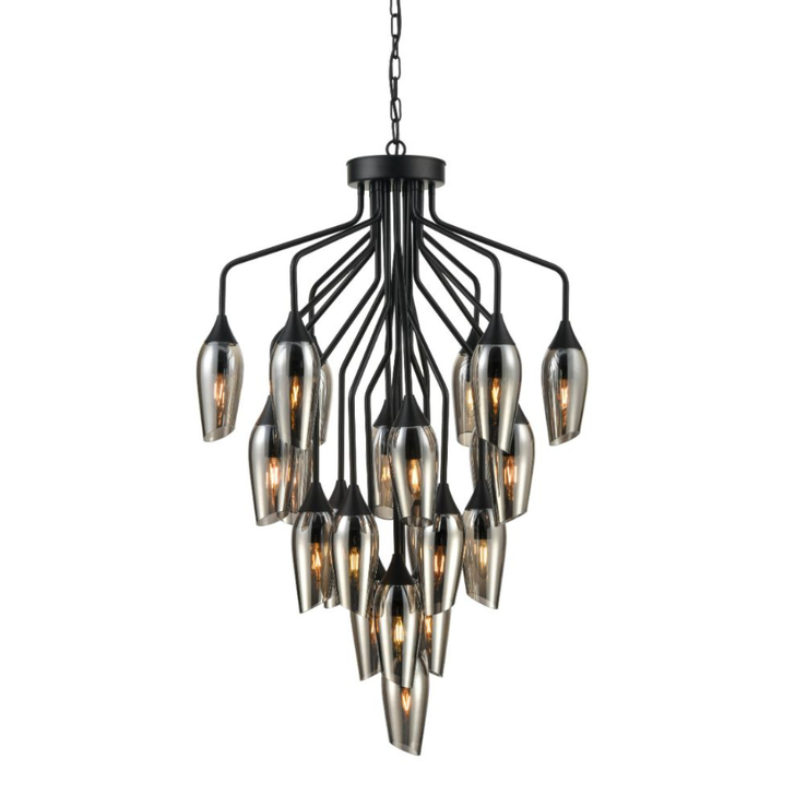 Franklite Taper Matt Black Large 22 Light Pendant With Smoked Glass
