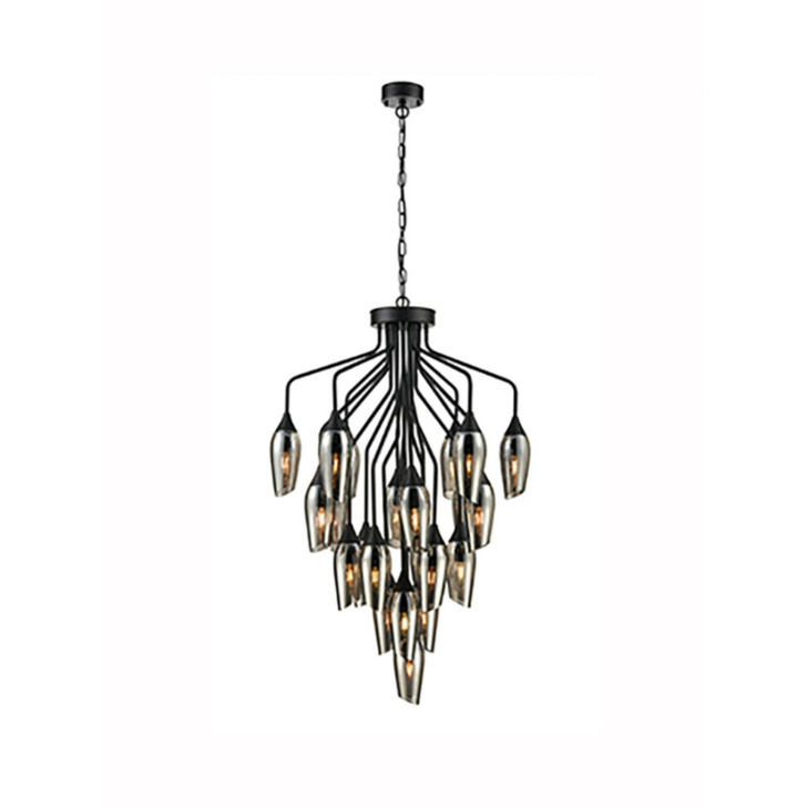 Franklite Taper Matt Black Large 22 Light Pendant With Smoked Glass