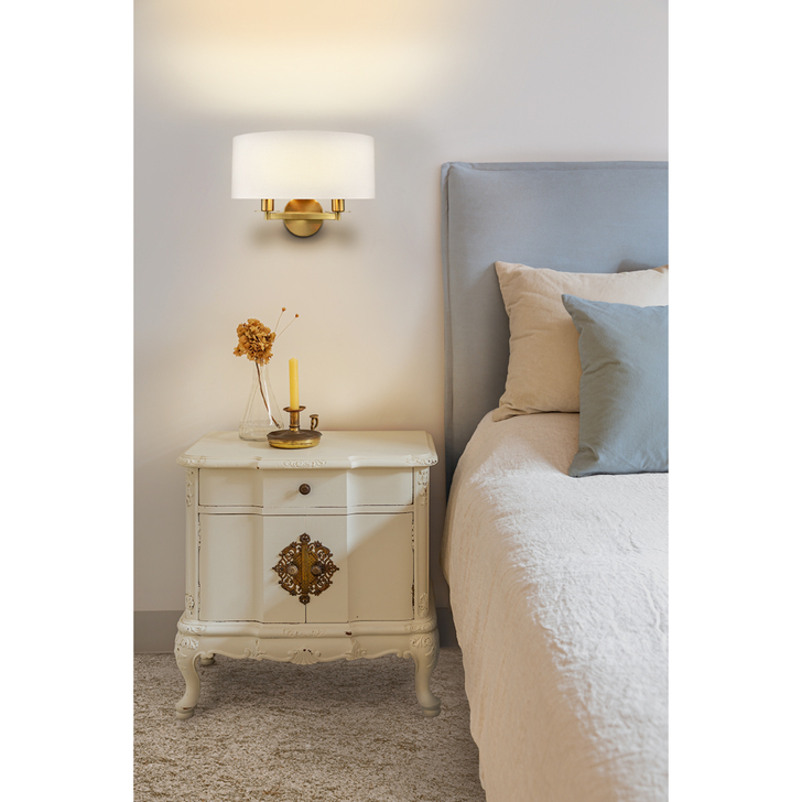 Franklite Windsor Wall Light In Aged Brass With Cream Fabric Shade & Gold Lining