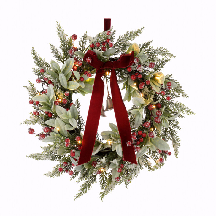 FROSTED BERRIES WITH BELL LIT WREATH 50CM - Battery Operated (3 X AA - Not Included)