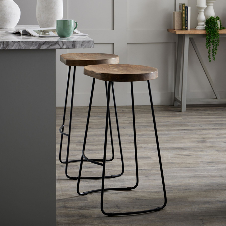 Hardwood Shaped Barstool With Black Metal Legs