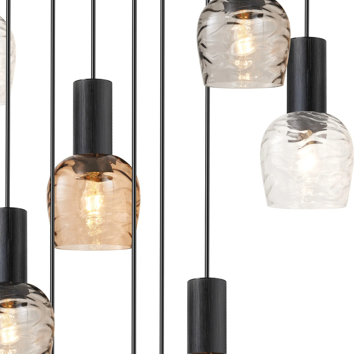 Idolite Adele 100.5cm 9 Light Round Cluster Pendant Satin Black With Brown/Clear/Smoke Wavy Wine Glass Shades