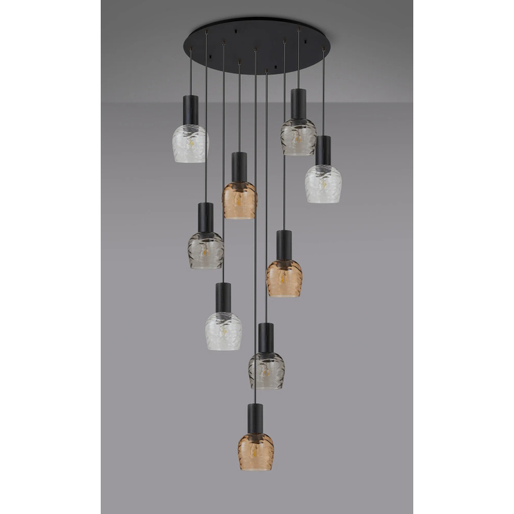 Idolite Adele 100.5cm 9 Light Round Cluster Pendant Satin Black With Brown/Clear/Smoke Wavy Wine Glass Shades