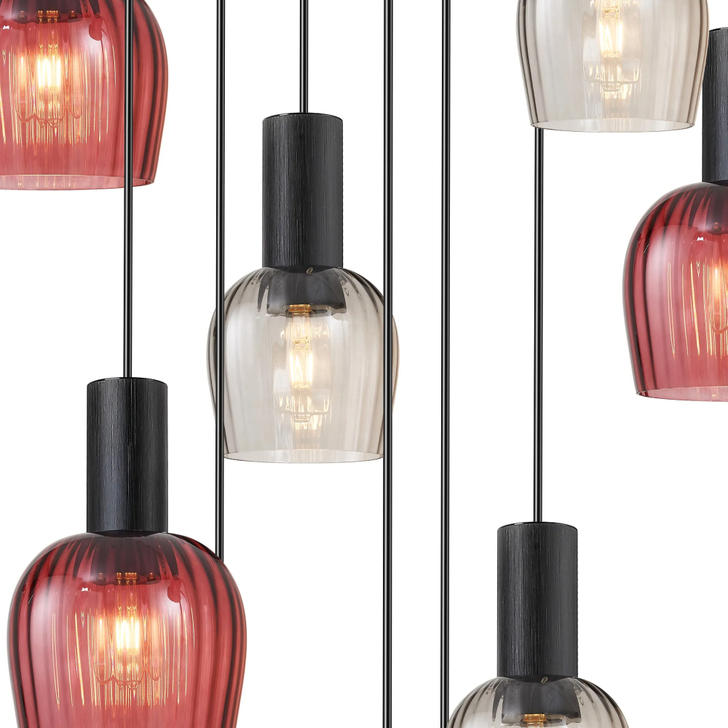 Idolite Adele 100.5cm 9 Light Round Cluster Pendant Satin Black With Purple/Smoke Ribbed Wine Glass Shades