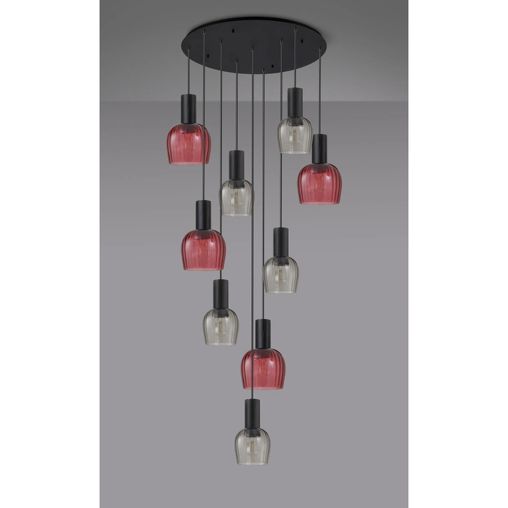 Idolite Adele 100.5cm 9 Light Round Cluster Pendant Satin Black With Purple/Smoke Ribbed Wine Glass Shades