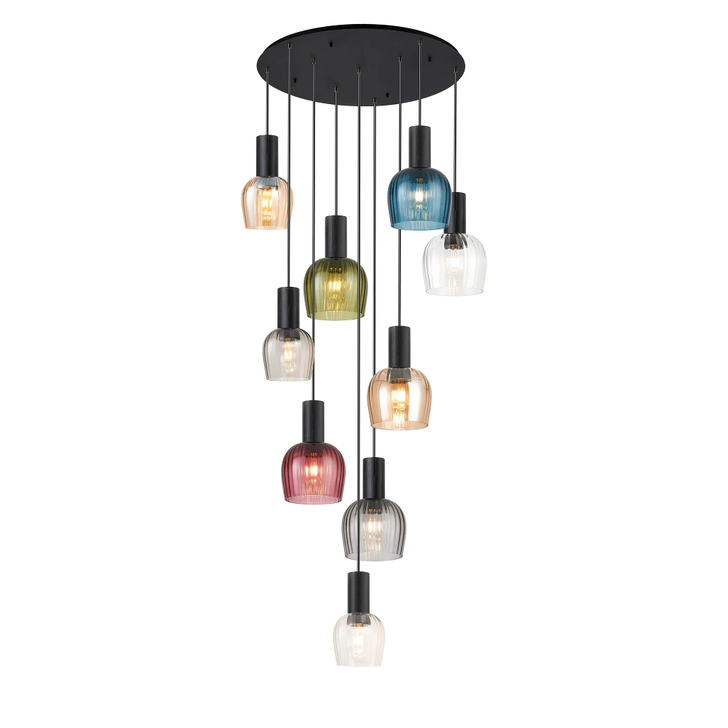 Idolite Adele 100cm 9 Light Round Cluster Pendant Satin Black With Amber/Clear/Smoke/Petrol Blue/Moss Green/Purple Ribbed Wine Glass Shades