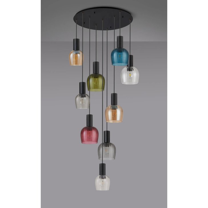 Idolite Adele 100cm 9 Light Round Cluster Pendant Satin Black With Amber/Clear/Smoke/Petrol Blue/Moss Green/Purple Ribbed Wine Glass Shades