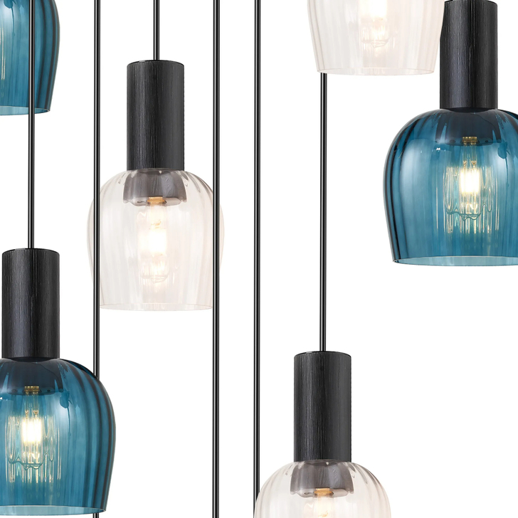 Idolite Adele 102cm 9 Light Round Cluster Pendant Satin Black With Petrol Blue/Clear Ribbed Wine Glass Shades