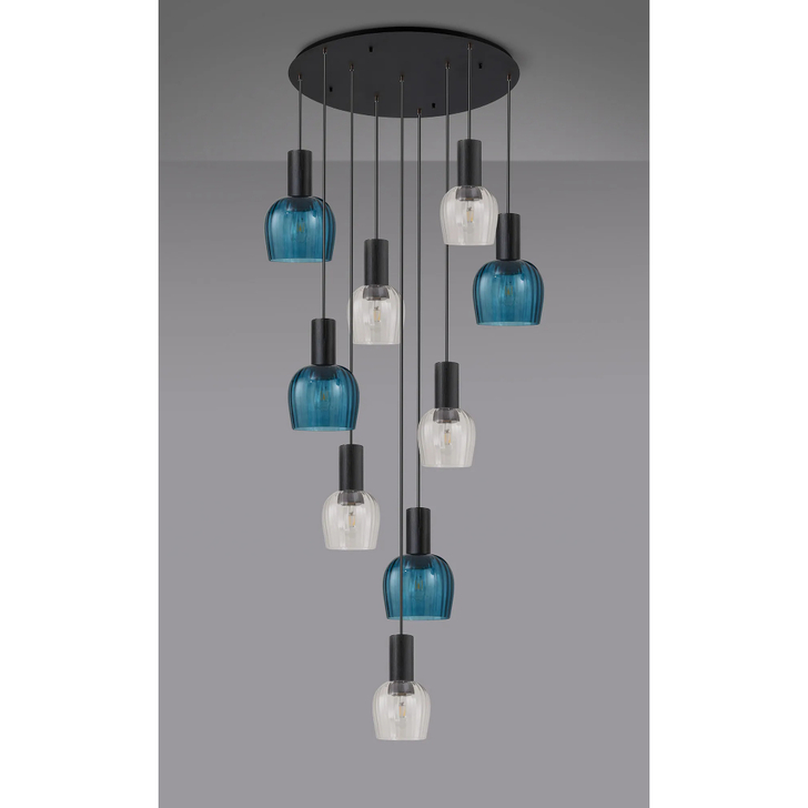 Idolite Adele 102cm 9 Light Round Cluster Pendant Satin Black With Petrol Blue/Clear Ribbed Wine Glass Shades