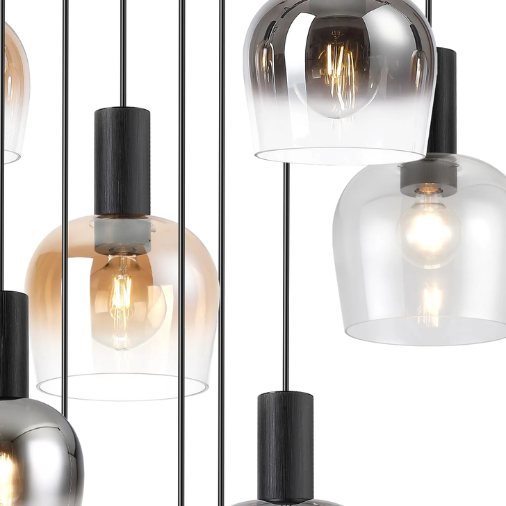 Idolite Adele 103cm 9 Light Round Cluster Pendant Satin Black With Amber Fade/Clear/Smoke Fade Wine Glass Shades