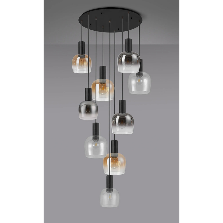 Idolite Adele 103cm 9 Light Round Cluster Pendant Satin Black With Amber Fade/Clear/Smoke Fade Wine Glass Shades