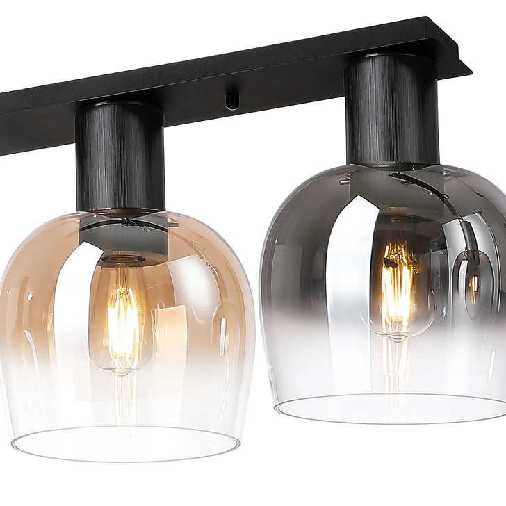 Idolite Adele 105cm 4 Light Flush Linear Ceiling Light Satin Black With Amber Fade/Smoke Fade Wine Glass Shades