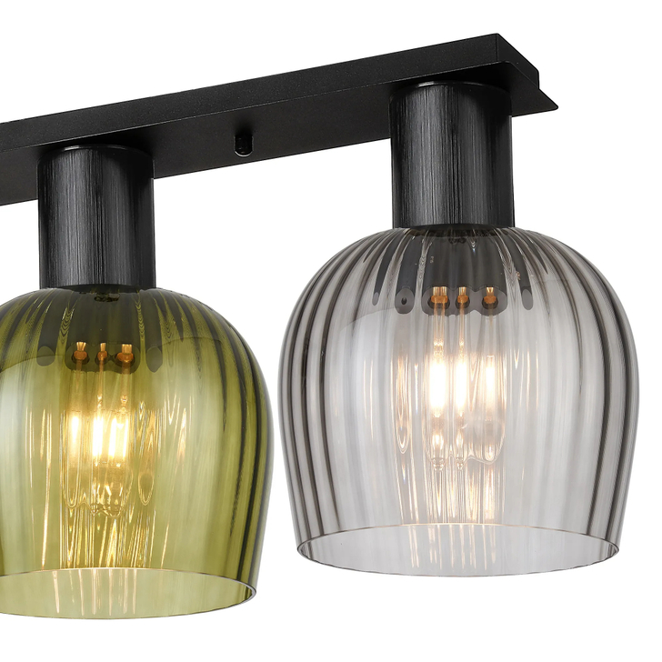 Idolite Adele 105cm 4 Light Flush Linear Ceiling Light Satin Black With Moss Green/Smoke Ribbed Wine Glass Shades